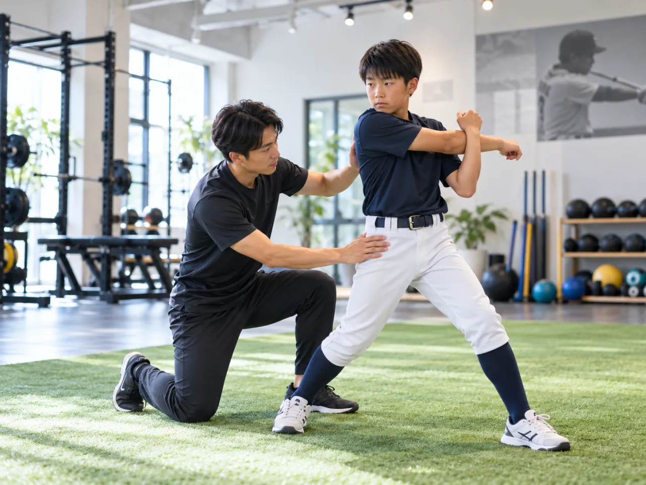 指導者が子どもの体のひねりと姿勢をチェックしている様子（イメージ）