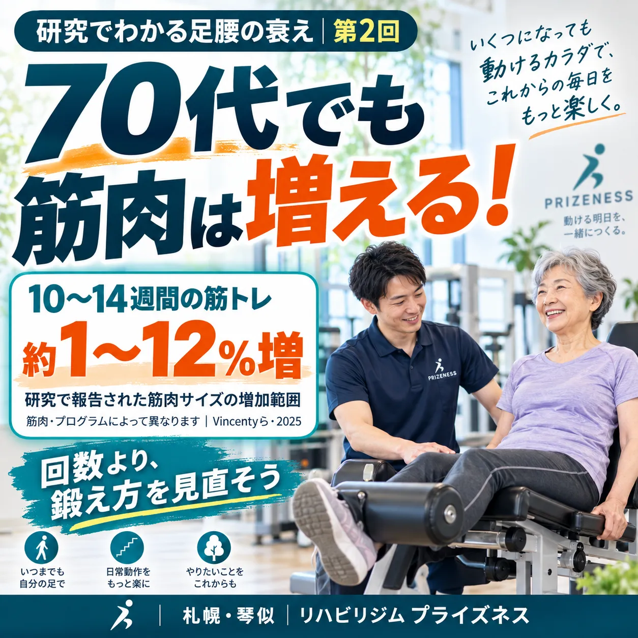 加齢で減りやすい筋肉は？太もも33％・ふくらはぎ6％の差と臀筋の評価｜札幌